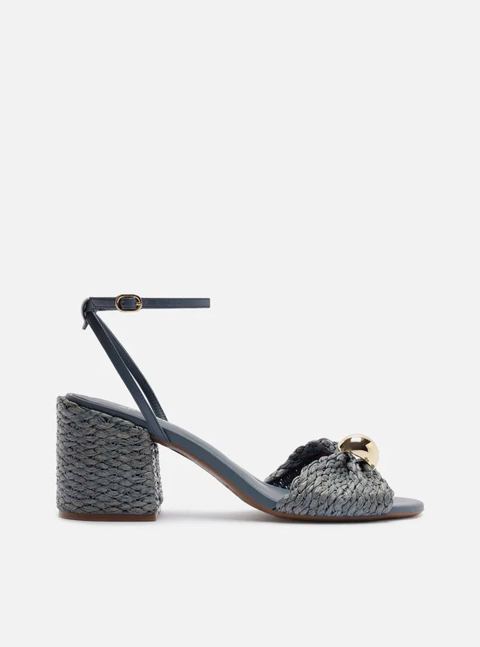 Sandália Azul Salto Médio Bloco Tramado Metal