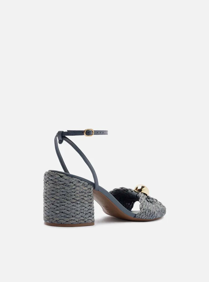 Sandália Azul Salto Médio Bloco Tramado Metal