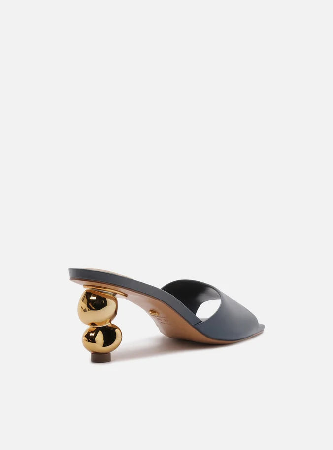 Mule Azul Couro Salto Geométrico Esferas