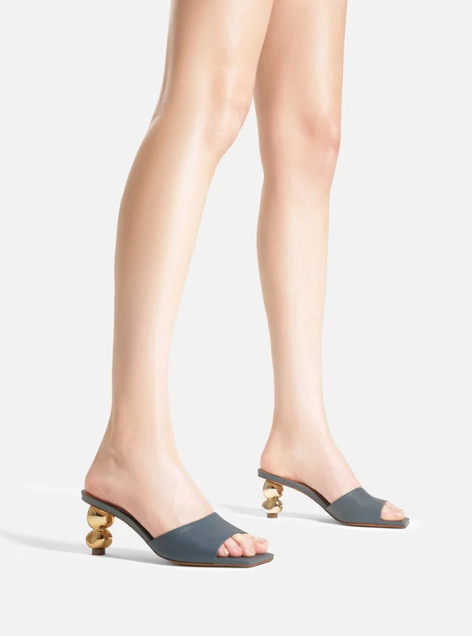 Mule Azul Couro Salto Geométrico Esferas