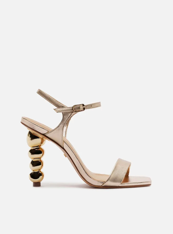 Sandália Dourada Couro Salto Geométrico Esferas