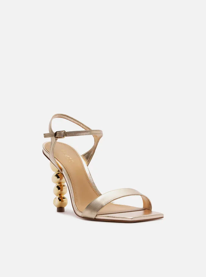 Sandália Dourada Couro Salto Geométrico Esferas