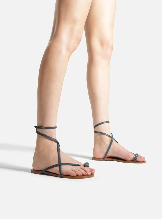 Rasteira Azul Couro Dedeira Pedra