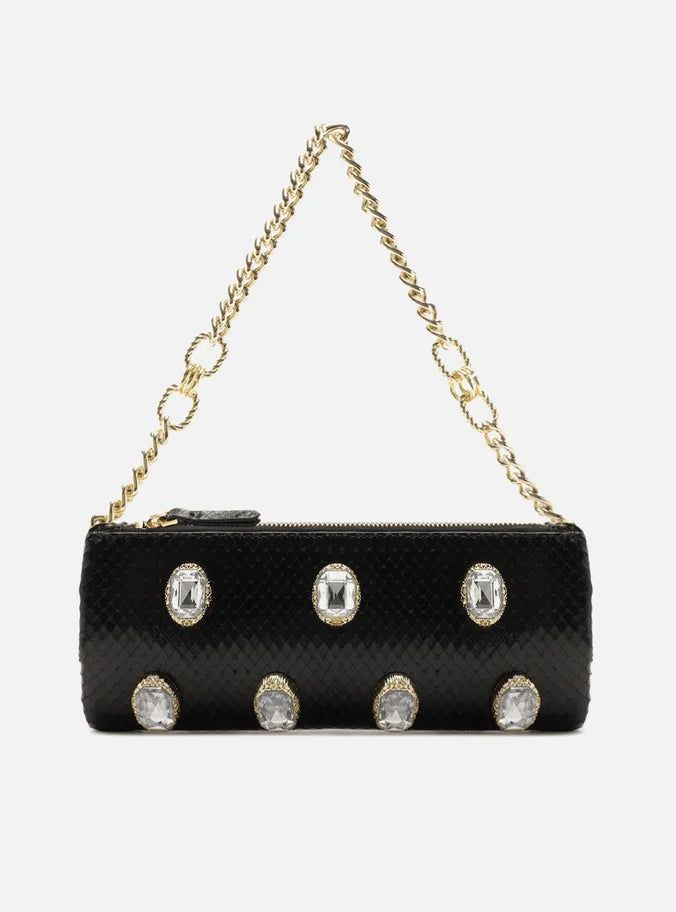 Bolsa Shoulder Preta Snake Grande Pedras