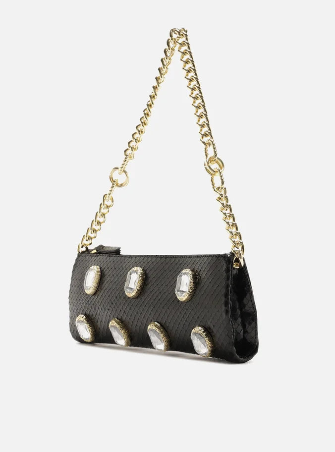 Bolsa Shoulder Preta Snake Grande Pedras