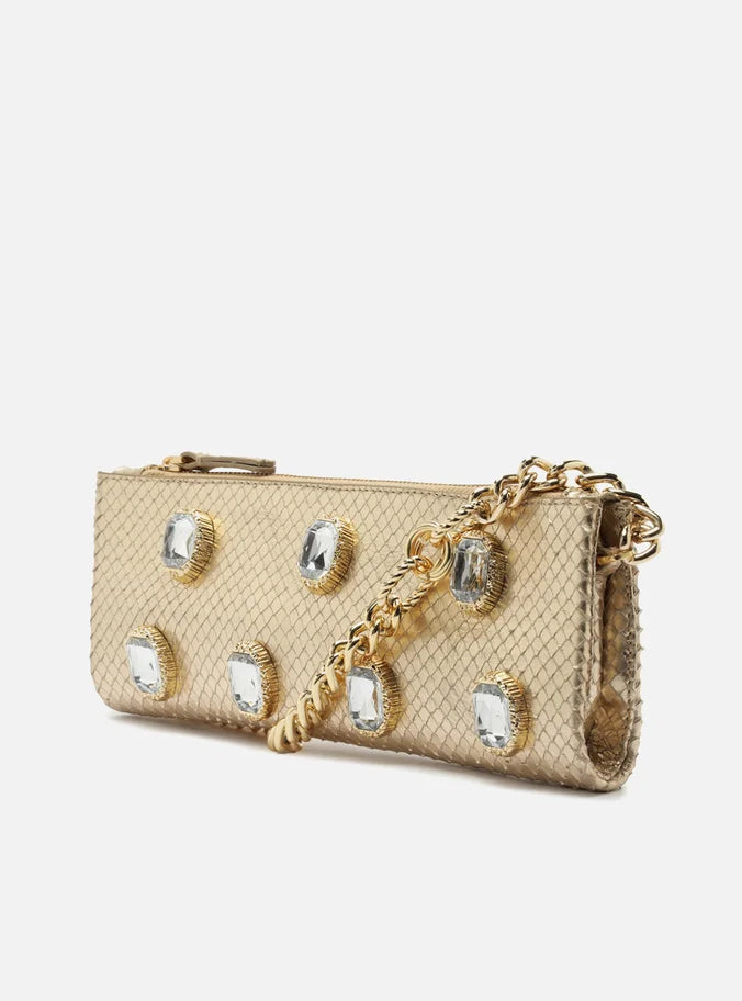 Bolsa Shoulder Dourada Snake Grande Pedras
