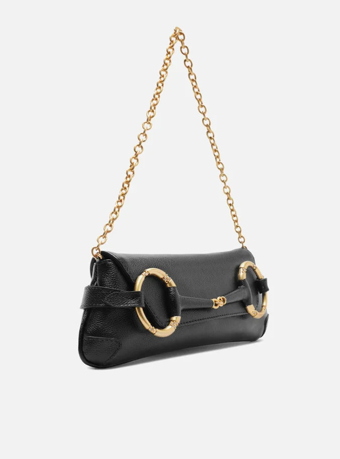 Bolsa Shoulder Preta Couro Grande Argolas