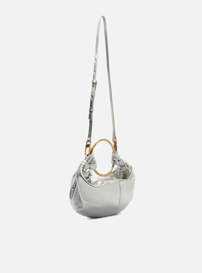 Bolsa Tiracolo Prata Couro Pequena Argola